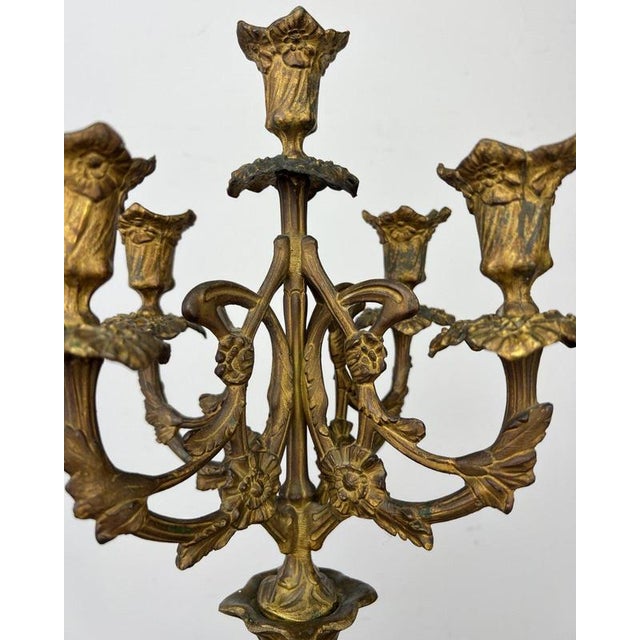 Antique French Brass and Marble 5-Arm Candelabra For Sale - Image 5 of 12
