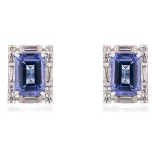 2.15ct Emerald Cut Tanzanite & Baguette Diamond Stud Earrings in 14k Gold- A Pair For Sale