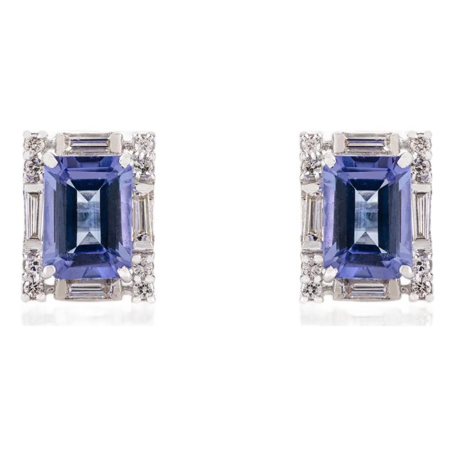 2.15ct Emerald Cut Tanzanite & Baguette Diamond Stud Earrings in 14k Gold- A Pair For Sale