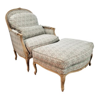 French Louis XV Style Custom Quality Bergere Lounge Chair With Ottoman For Sale