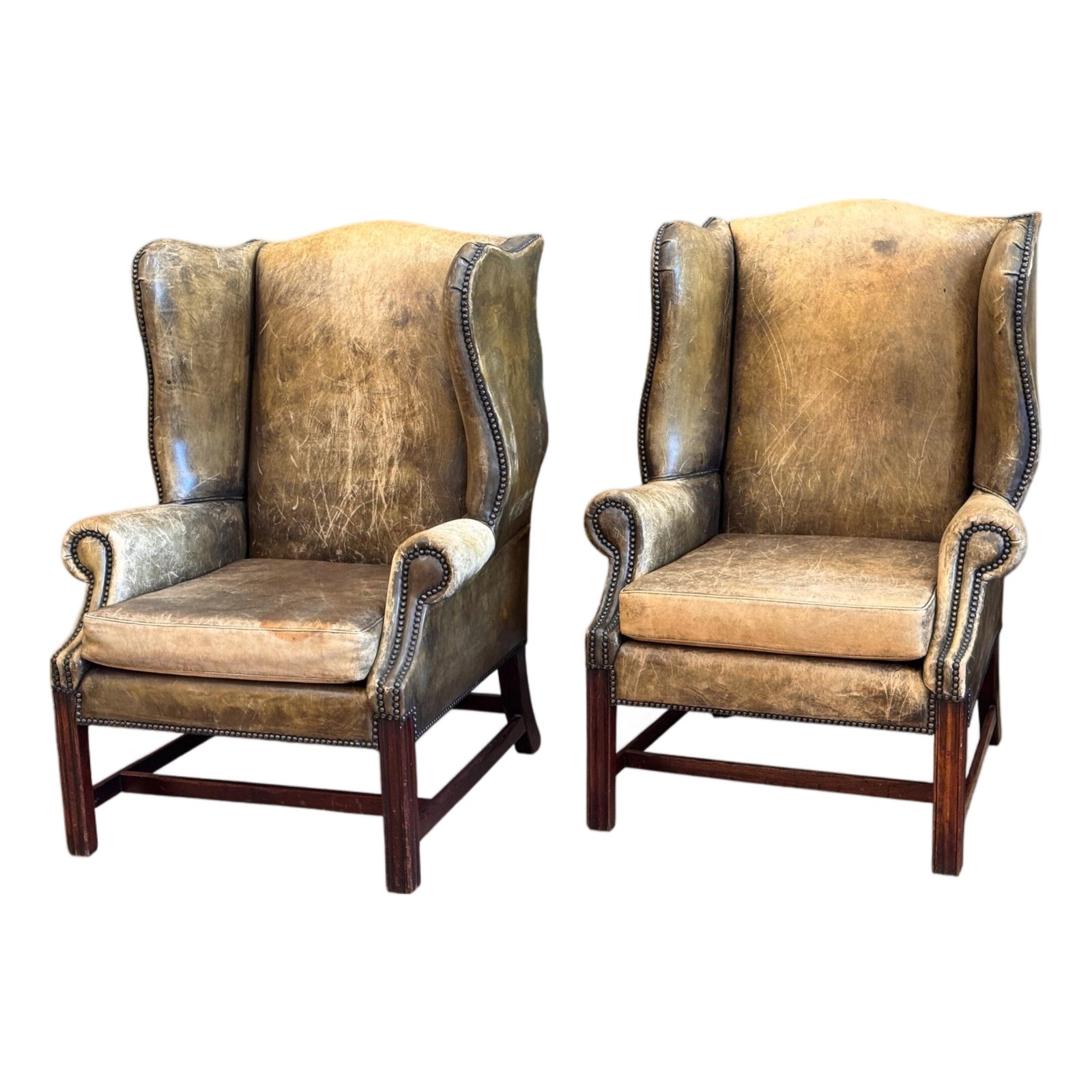 Pair of 19th Century English Leather Wing Back Chairs | Chairish