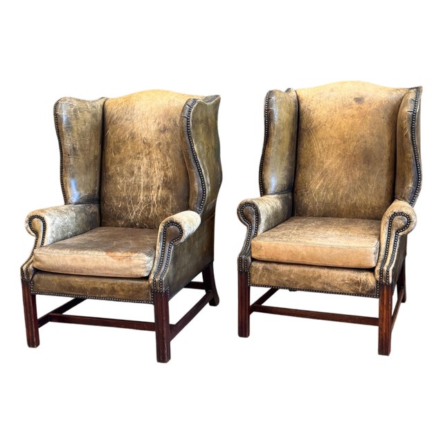 Pair of 19th Century English Leather Wing Back Chairs For Sale