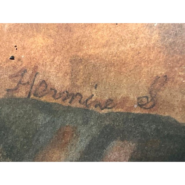 An evocative original watercolor and gouache painting signed “Hermine S.,” depicting an elderly woman and young child...