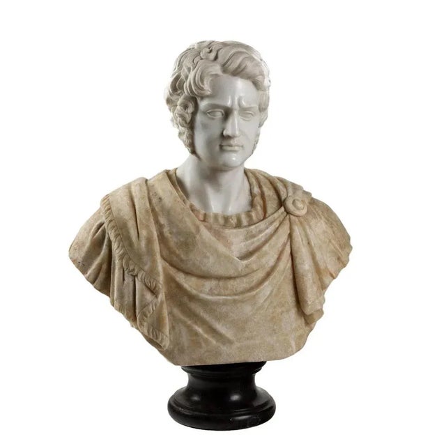Roman Emperor Bust in White Marble and Flowery Alabaster For Sale - Image 11 of 11