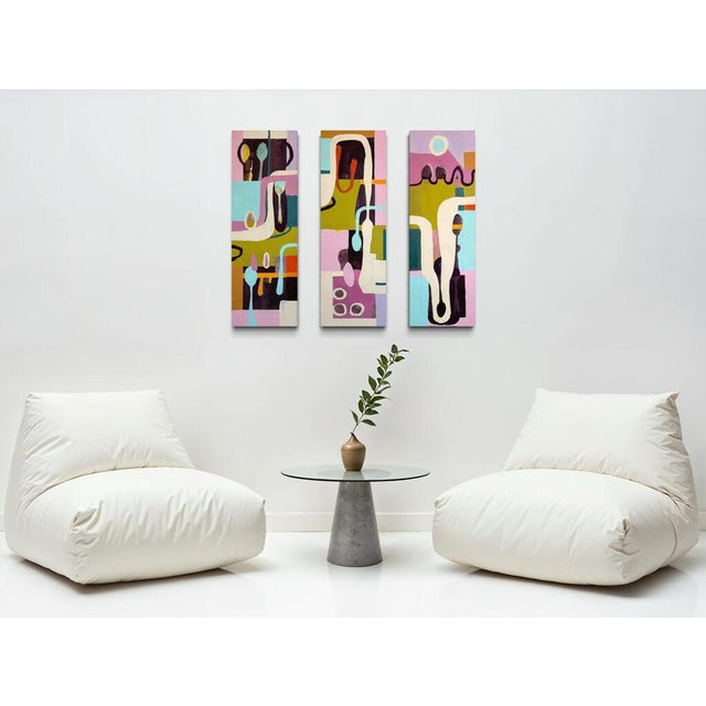 Christiane Corcelle "Dance of Spoons" Mixed Media on Canvas, Triptych Abstract Painting in Pink, Olive and Aqua, 2023 For Sale - Image 4 of 4