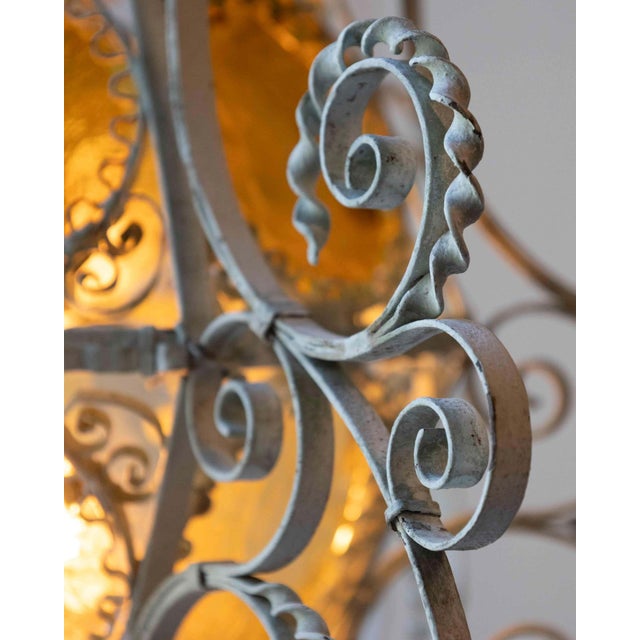 Early 1900s Italian Wrought Iron Lantern Light Green Finish Amber Glasses For Sale - Image 12 of 12