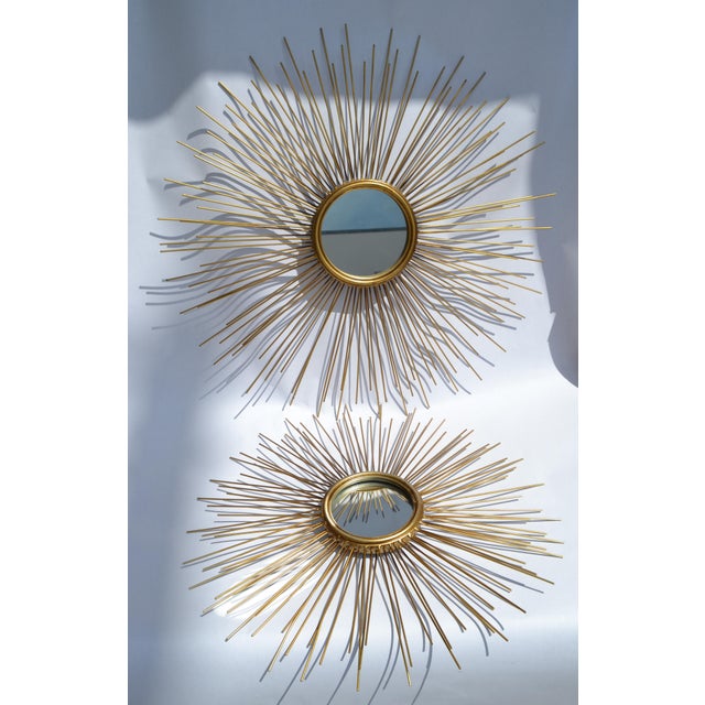 1990s Set of 2 Chaty Vallauris Style Accent Mirrors Sunburst Design Gold Finish Mid-Century Modern For Sale - Image 5 of 12