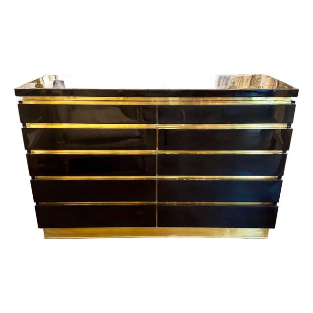 Jean Claude Mahey Style Black Lacquered and Brass Dresser For Sale