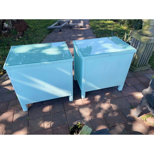 Henry Link 1960s Pair a Nightstands Wicker by Henry Link With Glass in Top For Sale - Image 4 of 9