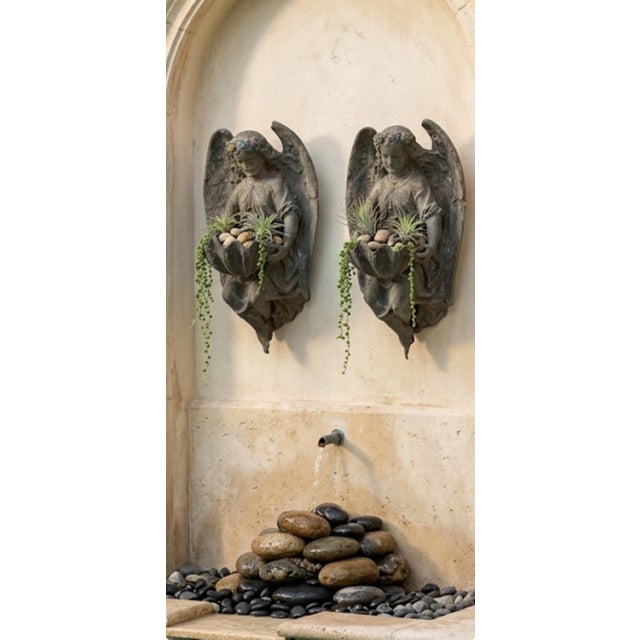 Verdigris Pair of Vintage Continental Classical Bronze Winged Angel Wall Pockets / Clamshell Holy Water Fonts For Sale - Image 8 of 11