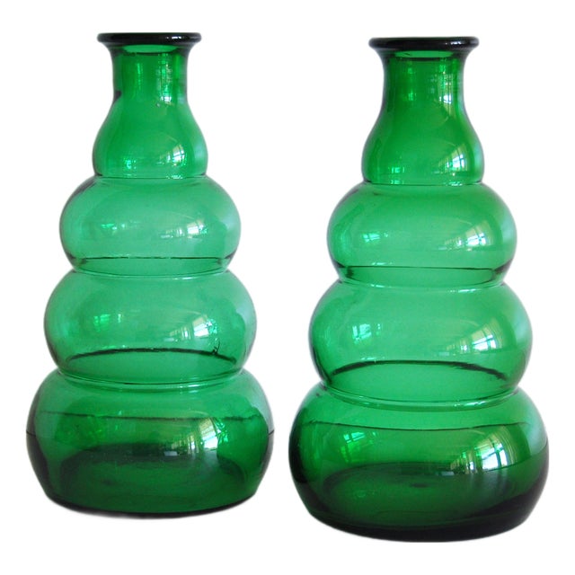 Green Glass Vases by Edvin Ollers for Limmareds Glasbruk, Sweden, 1940s, Set of 2 For Sale