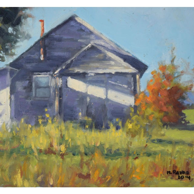 Countryside Cabin - 2014 Original Oil on Board Vibrant landscape depicting a small grey cabin in the countryside by an...