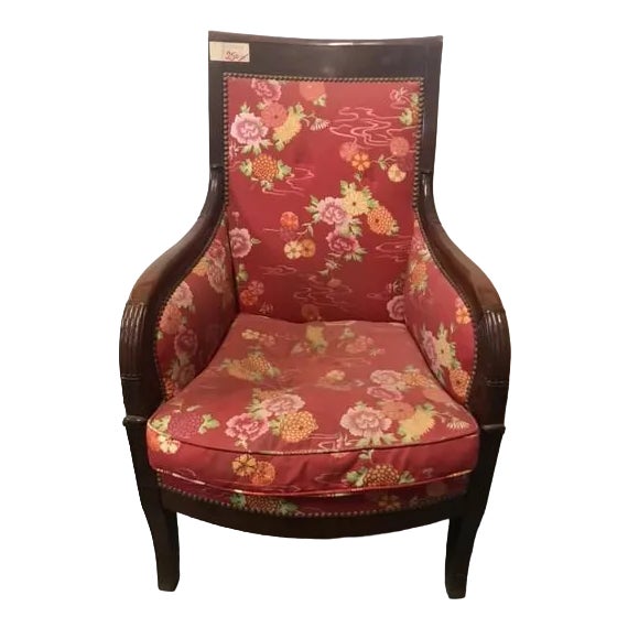 Bergère Chair in Red Upholstery & Walnut For Sale