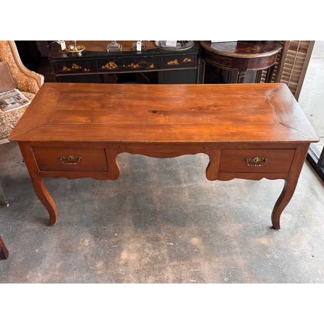 Wood 19th Century French Cherry Desk With Cabriole Legs and Two Drawers For Sale - Image 7 of 13