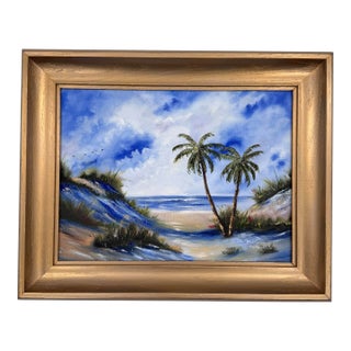 Coastal Palm Tree Beach Original Painting in Gold Frame For Sale