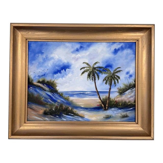 Coastal Palm Tree Beach Original Painting in Gold Frame For Sale
