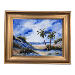 Coastal Palm Tree Beach Original Painting in Gold Frame