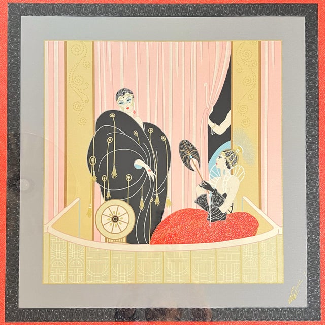 A stylish Parisian theater scene depicted on a silk scarf by the renowned artist Romain de Tirtoff known as Erté whose...