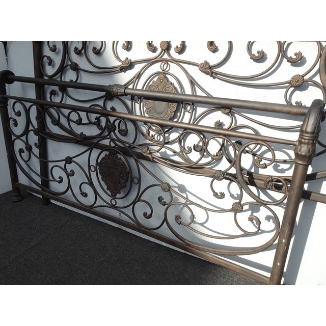 French Country Brown Metal King Sleigh Bed Set Frame Headboard Medalion and Ornate Scrolls For Sale - Image 3 of 18