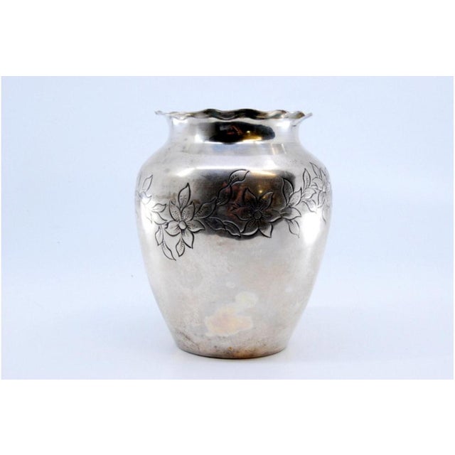 Silver Vase with Engraved Floral Motifs and Wavy Rim For Sale - Image 9 of 10