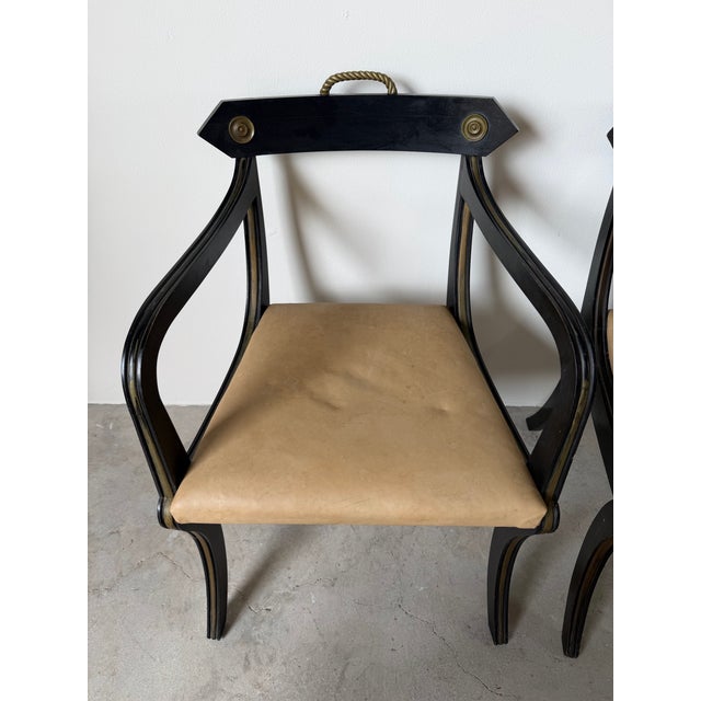 Wood Pair of John Gee Style Hollywood Regency Ebonized Armchairs With Brass Accents For Sale - Image 7 of 12