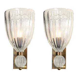 Modernist Brass Handblown Iridescent Vintage Murano Glass Orbital Drop Sconces For Sale