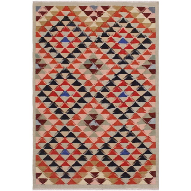 Geometric Kilim Hand-Woven Wool Rug -4'7" X 6'5" For Sale