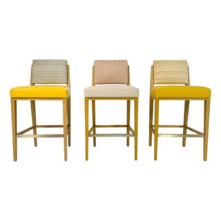 Set of 3 1980s Modern Oak Counter Stools With Leather Seats and Upholstered Backs For Sale