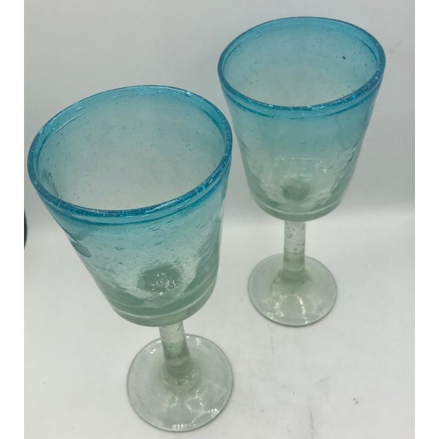 Tall Hand Blown Aqua Ombre Art Glass Goblets - A Pair For Sale - Image 4 of 6