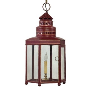 Large Red Tole Painted Lantern Light Fixture, American 19th Century Circa 1840 For Sale
