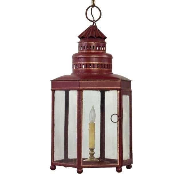 Large Red Tole Painted Lantern Light Fixture, American 19th Century Circa 1840 For Sale