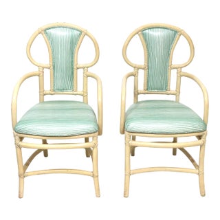 Mid-Century Modern Willow & Reed Rattan Bamboo Armchairs in Brunschwig & Fils Upholstery - a Pair For Sale