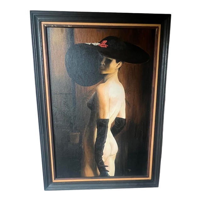 Vintage Mid Century Nude French Women Canvas Framed Oil Painting Signed Eddie R 1970s For Sale