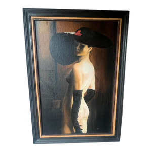 Vintage Mid Century Nude French Women Canvas Framed Oil Painting Signed Eddie R 1970s