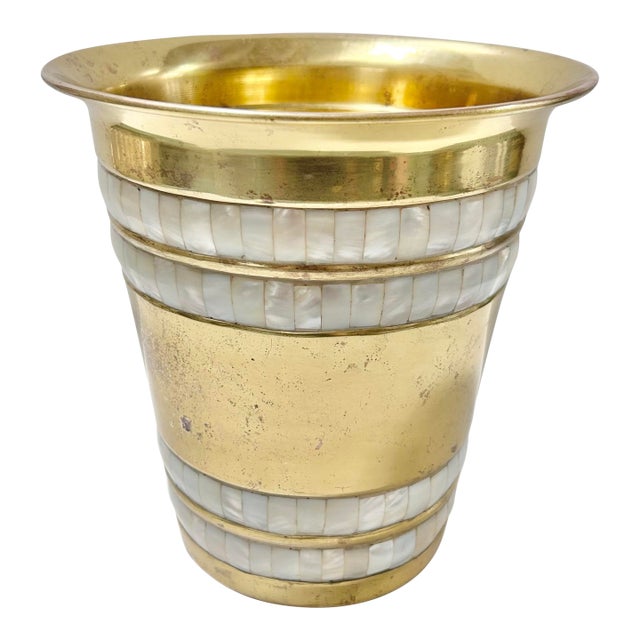 Vintage Brass Wastebasket With Mother-of-Pearl Inlay For Sale