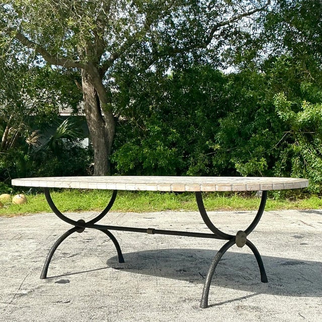 Boho Chic Vintage Boho Mosaic Tile Table on Bronze X Pedestal For Sale - Image 3 of 12