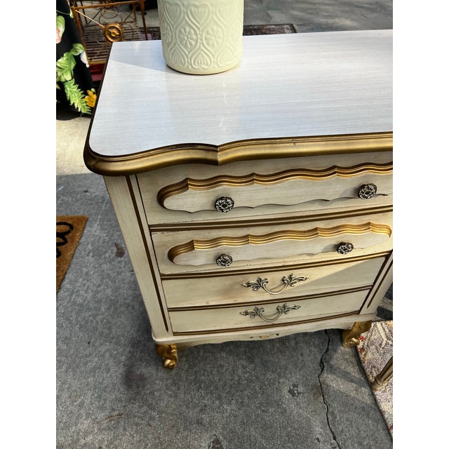 1970s Vintage Regency White Wooden Desk With Gold Accents and Matching Chair- Needs Reupholstery For Sale - Image 5 of 8
