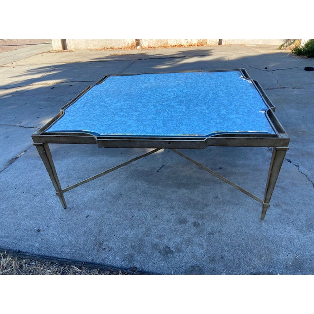 Vintage Louis XVI Style Wrought Iron and Antiqued Mirror Glass Top Coffee Table For Sale - Image 13 of 18
