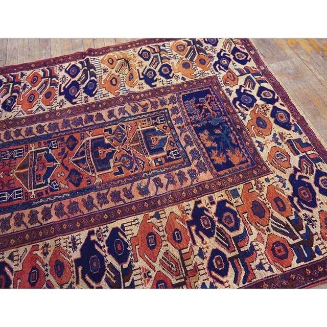 1870s Blue Geometric Tribal Antique Persian Kurdish Sanjabi Rug 5' X 6'6" Hand Made Wool Carpet For Sale In New York - Image 6 of 8