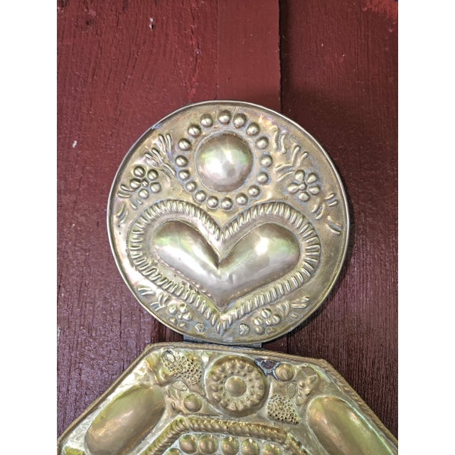 Folk Art Antique Pair of Hammered Brass Folk Art Swedish Two Arm Sconces - Set of 2 For Sale - Image 3 of 7