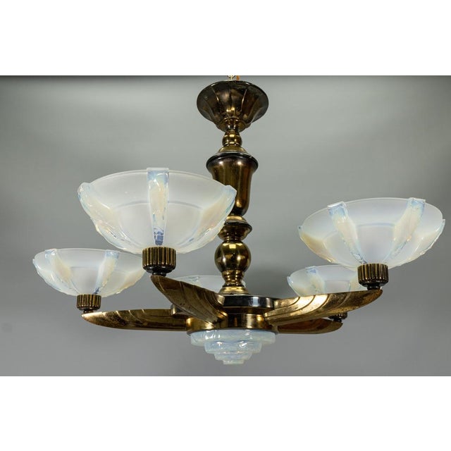 Art Deco Bronze and Opalescent Glass Six-Light Chandelier attributed to Ezan, France For Sale - Image 9 of 18