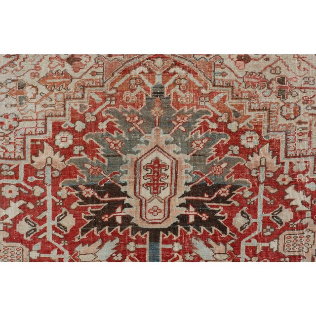 Antique Persian Heriz Rug With Central Medallion in Red and Blue 9'7 X 12'10 For Sale - Image 4 of 16
