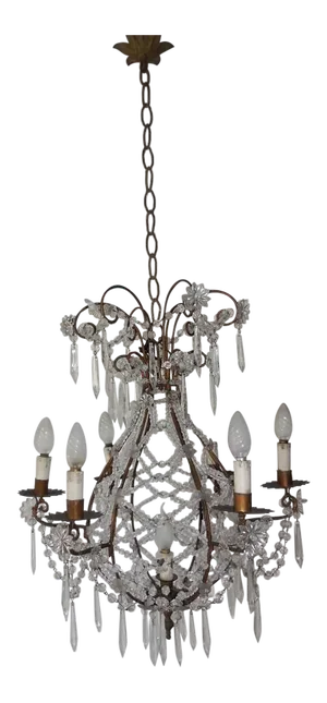 French Beaded Balloon Crystal Chandelier, Circa 1940
