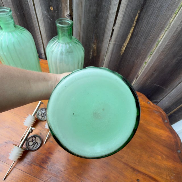 Celadon Vintage Green Decanter Bottles With Metal Siphon Discs and Monogram Discs - Set of 3 For Sale - Image 8 of 9