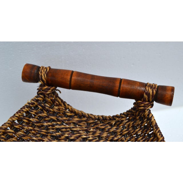 Organic Handwoven Decorative Basket Bamboo Handles Boho Chic For Sale - Image 10 of 16