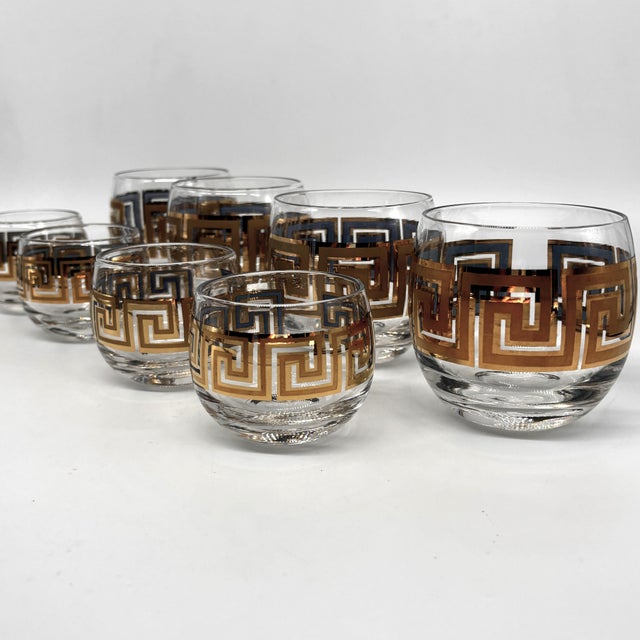 Metal Vintage 22k Gold Greek Key Double Old Fashioned & Rocks Glasses Set of 8 For Sale - Image 7 of 12