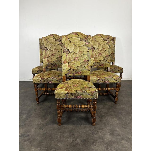 2000 - 2009 Louis XIII Chairs in Turned Walnut with Foliage Fabric, Set of 6 For Sale - Image 5 of 6