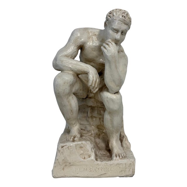 After Auguste Rodin, The Thinker Sculpture, White Glazed Terracotta, 1950s For Sale