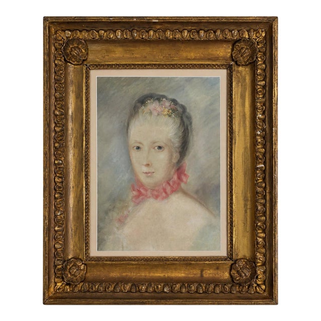 Antique Framed Pastel Portrait of Young Woman, Giltwood Frame, French Romantic Style For Sale