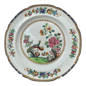 Antique Old English Copeland Spode ‘Peacock’ Chinoiserie Plate With Multicolored Birds, Botanical Flowers, & Scalloped Decorative Edge, Circa 1891